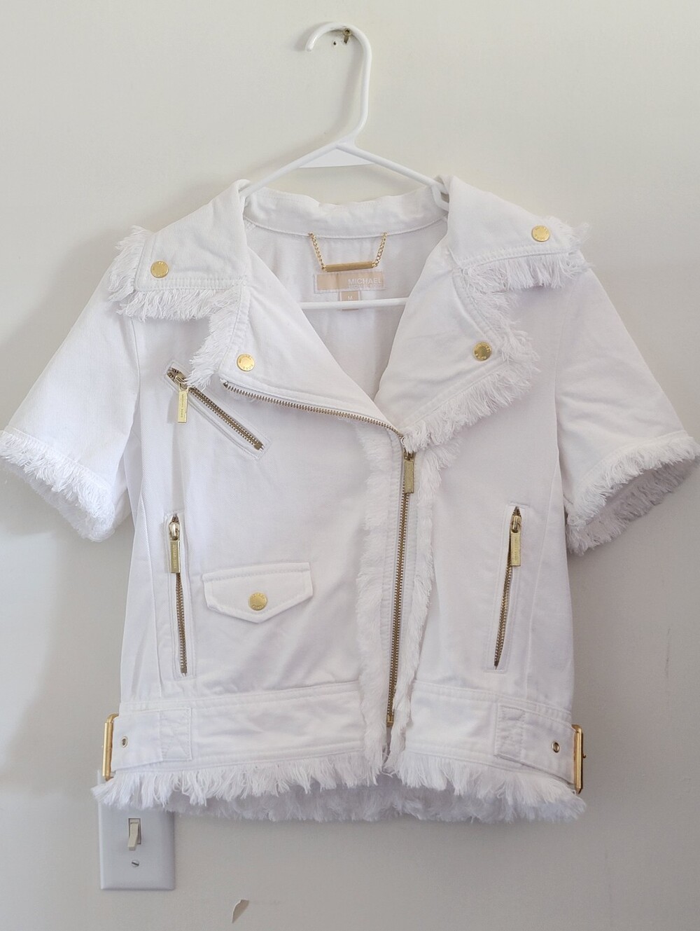Michael Kors White Short-Sleeve Frayed Moto Denim Jacket Sz M MSRP $175.00